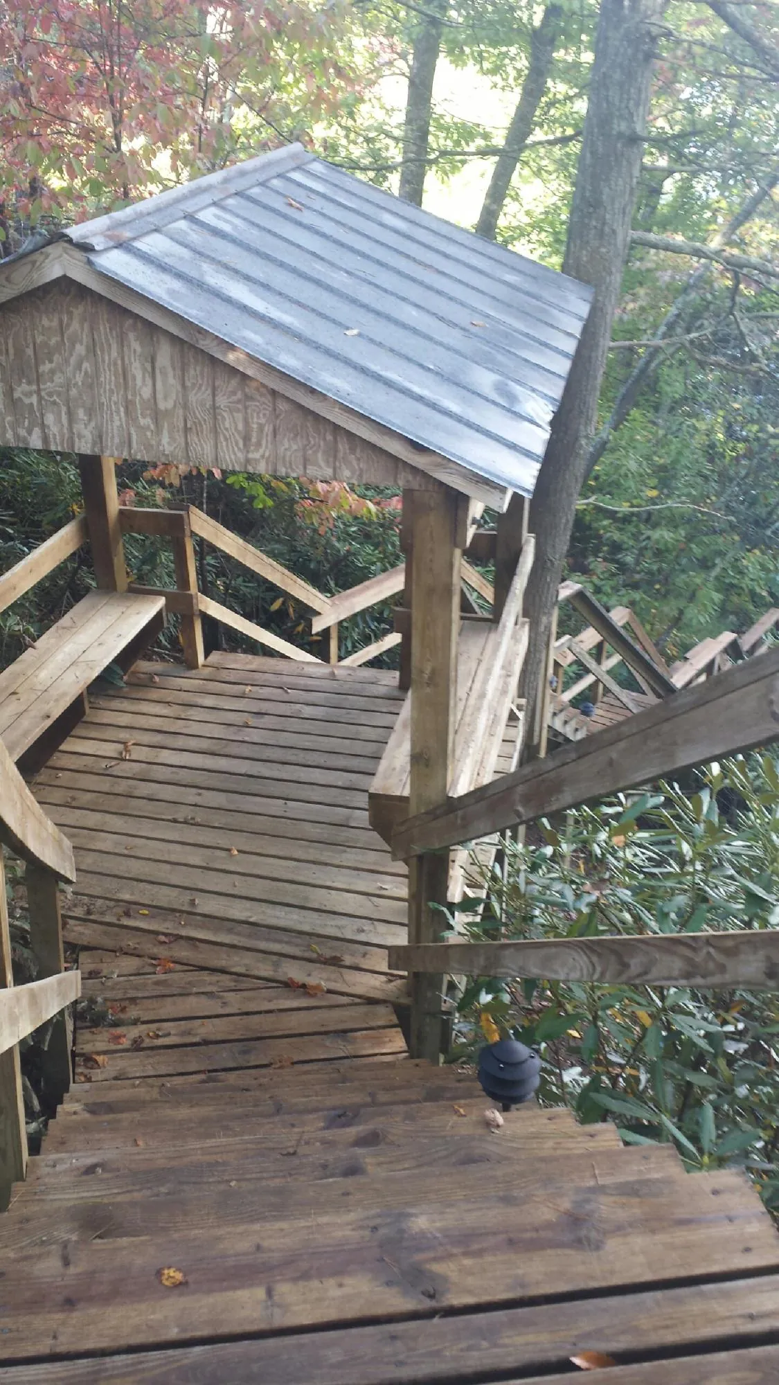 Metal roofed shelter over wooden steps on a wooded walkway — Skylight Repair & Installation work by our crew in Tomah